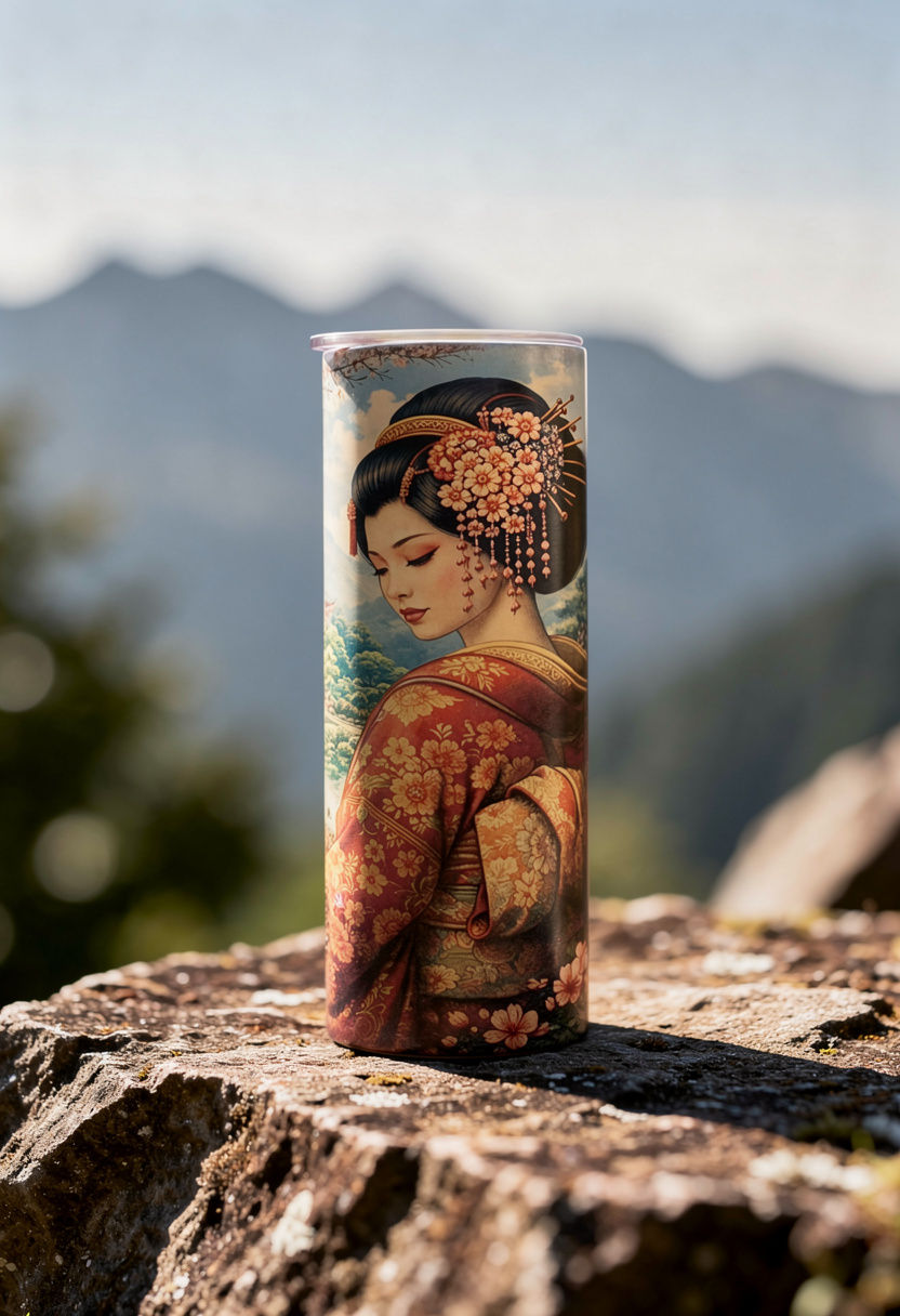 Thumbnail: Twilight Florals 20oz stainless steel tumbler with geisha art outdoors