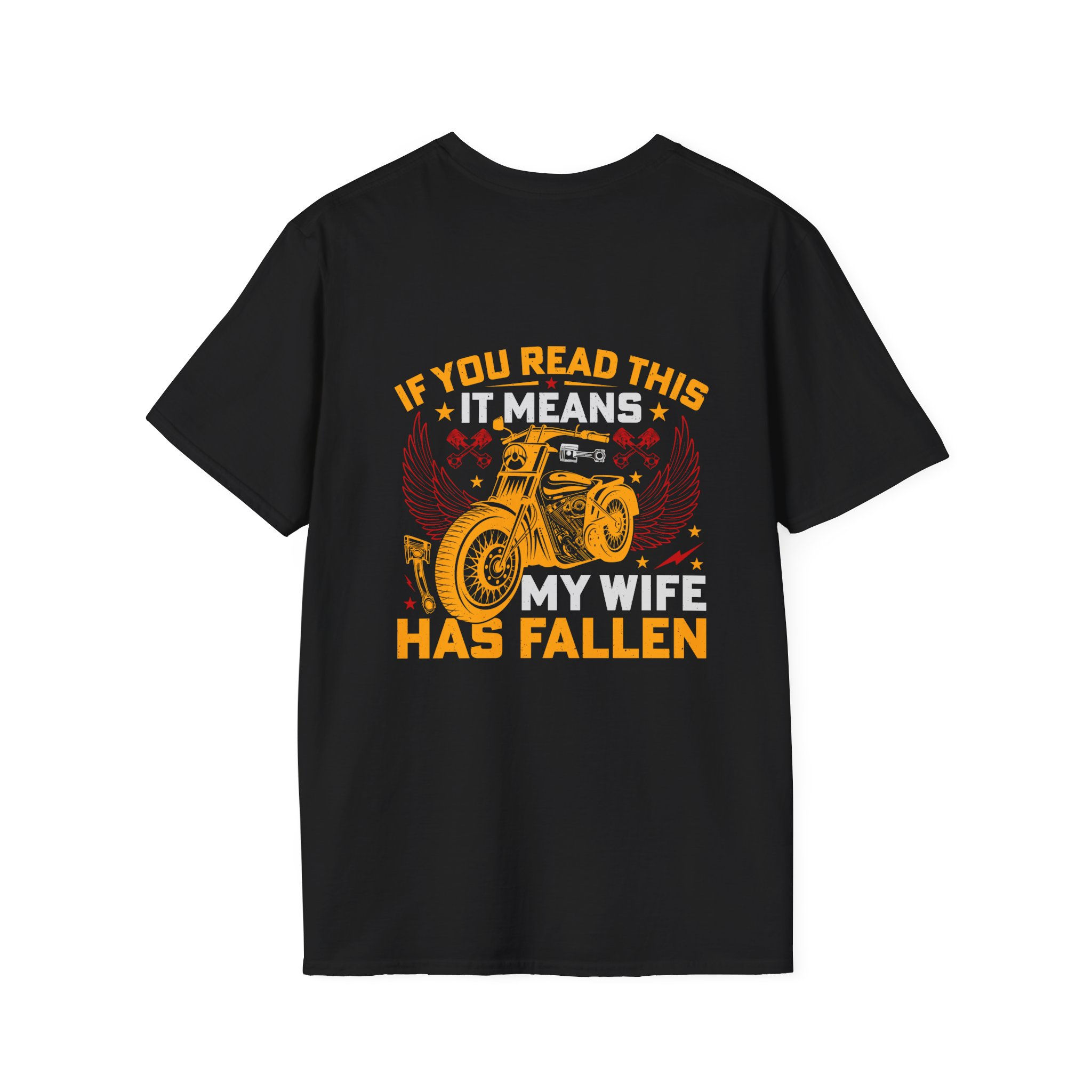 Black t-shirt, tractor graphic, 'My wife has fallen' joke text