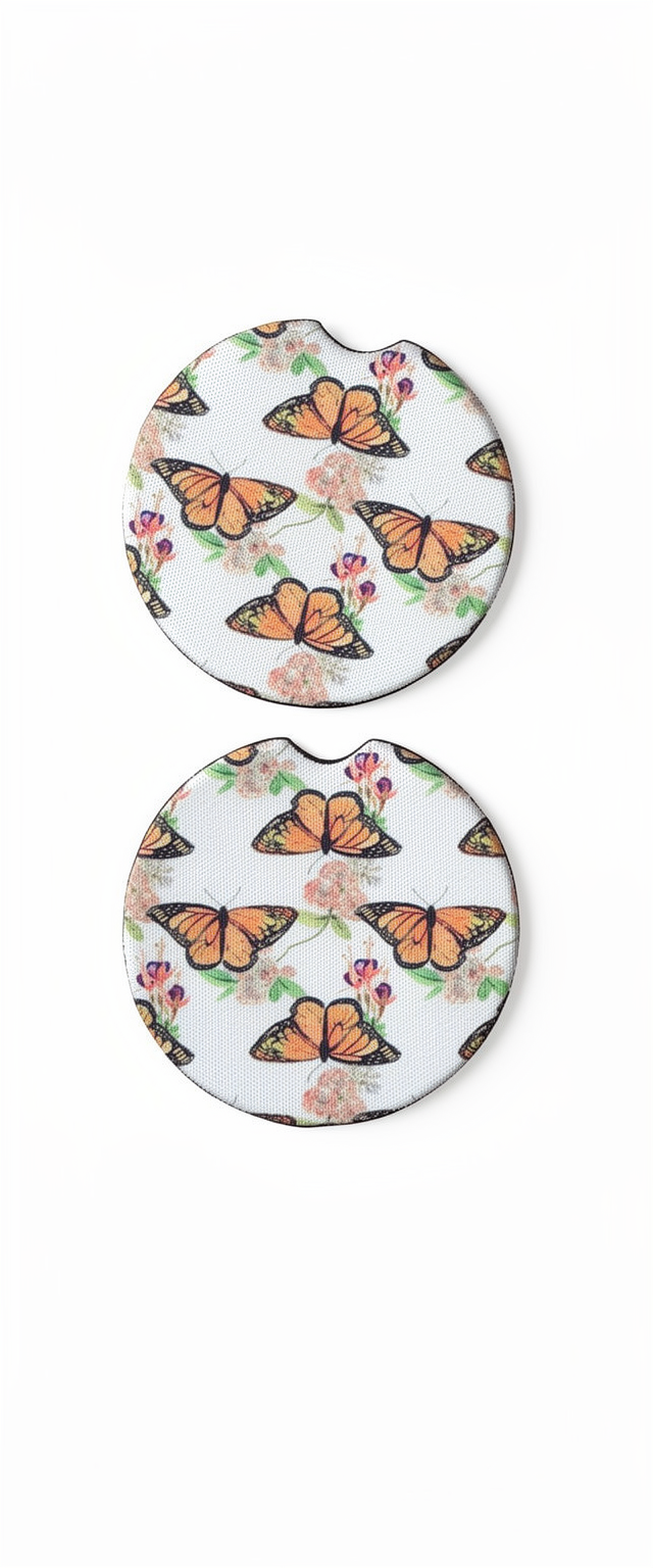Butterfly Garden Neoprene Car Coasters – Absorbent Cup Holder Set (2 pk)