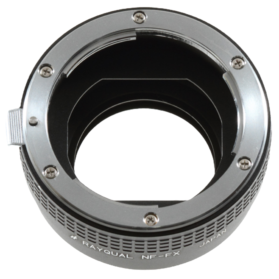 Rayqual NF-FX lens adapter on a black background.