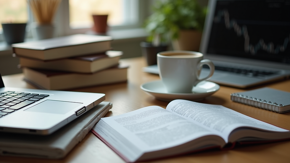 High angle view of a desk with forex trading books and a cup of coffee