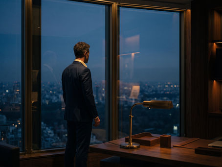 Homem de terno observa a cidade ao entardecer por janelas de um escritório moderno, com luz quente e clima contemplativo.