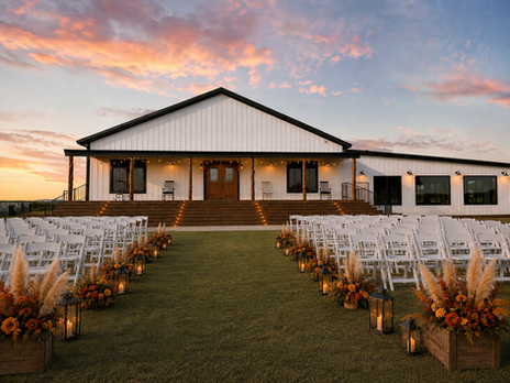 Painted Lakes Ranch wedding venue near Fort Worth Texas with outdoor ceremony seating at sunset