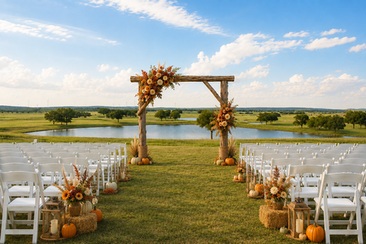 Painted Lakes Ranch wedding venue near Fort Worth, Texas with outdoor ceremony seating at sunset.
