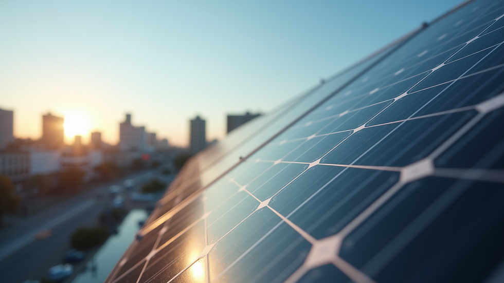 Close-up view of a solar panel installation on a city building