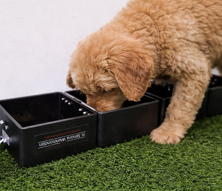 Labradoodle pup zoekt detectieboxen af