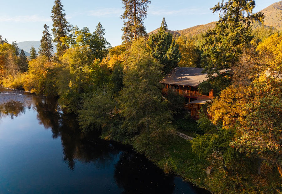 Aerial of the lodge along the river