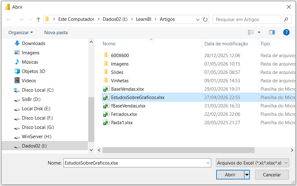 Tela: Selecionando o Arquivo EstudoSobreGraficos.XLSX como Fonte de Dados