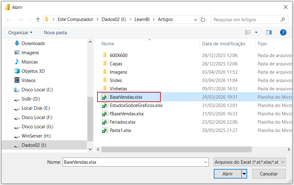 Tela: Selecionando o Arquivo BaseVendas.XLSX como Fonte de Dados