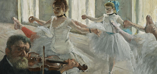 Edgar Degas' painting, The Rehearsal, featuring dancers and a violinist