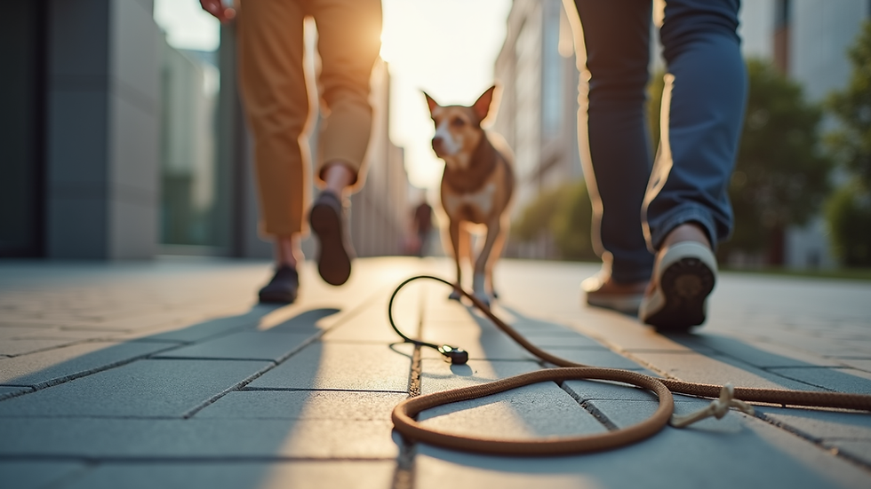 Close-up view of a dog leash and collar on a city sidewalk during a walk