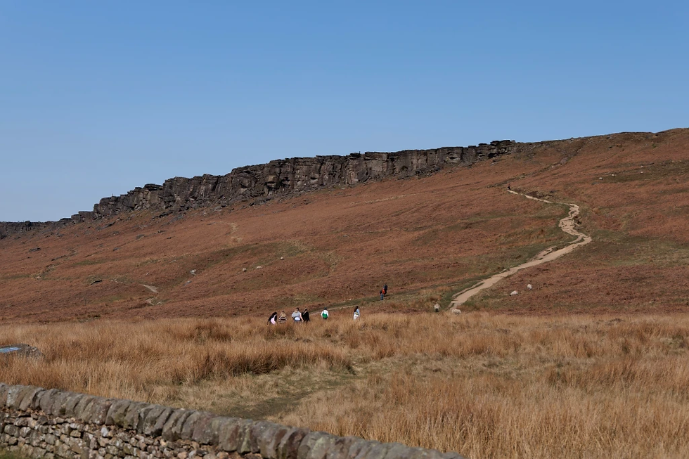 Hikers walk along a winding path in a brown, grassy field with a rocky ridge in the distance under a clear blue sky.