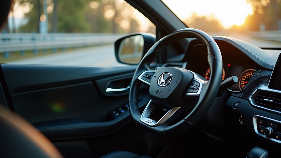 Close-up view of a car dashboard and steering wheel inside a certified pre-owned vehicle