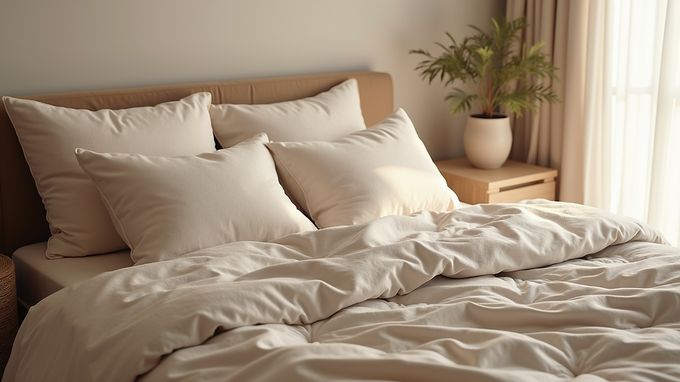 High angle view of a cozy beige-themed bedding arrangement with plush pillows