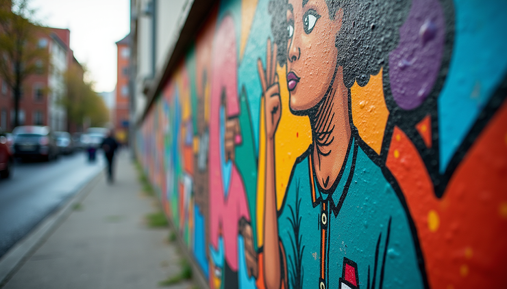 Eye-level view of a colorful mural on a city wall showcasing creative artwork