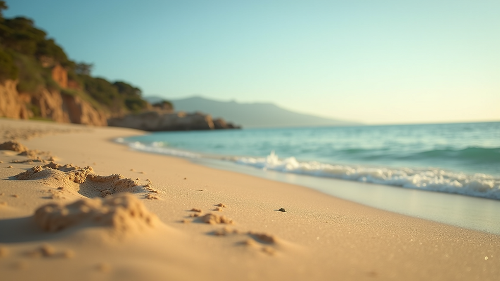 Eye-level view of the tranquil Keri Beach with golden sands