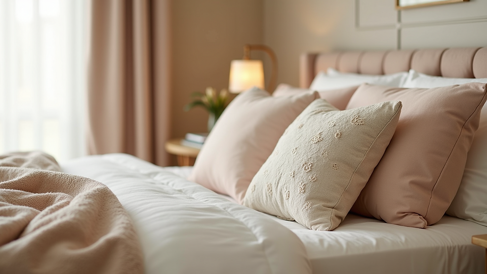 Eye-level view of a beige and pastel-themed bedroom with decorative pillows