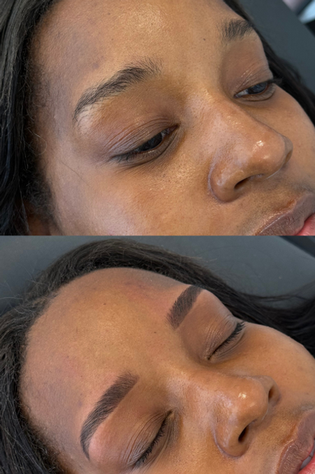 Before and after brow threading and tinting results at &BROWHAUS, Balham — showing more defined, shaped and tinted brows.