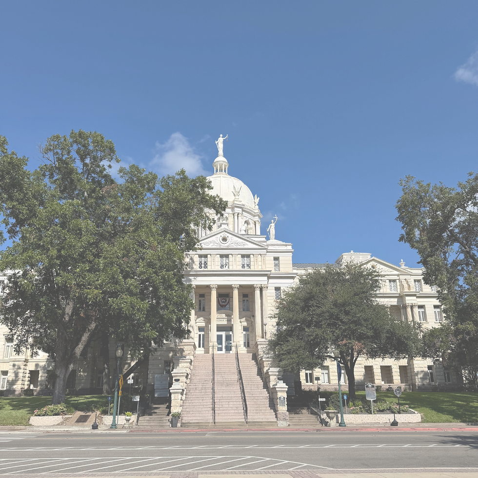 Large historic courthouse with a dome and statues, surrounded by trees under a clear blue sky. Steps lead up to the entrance.