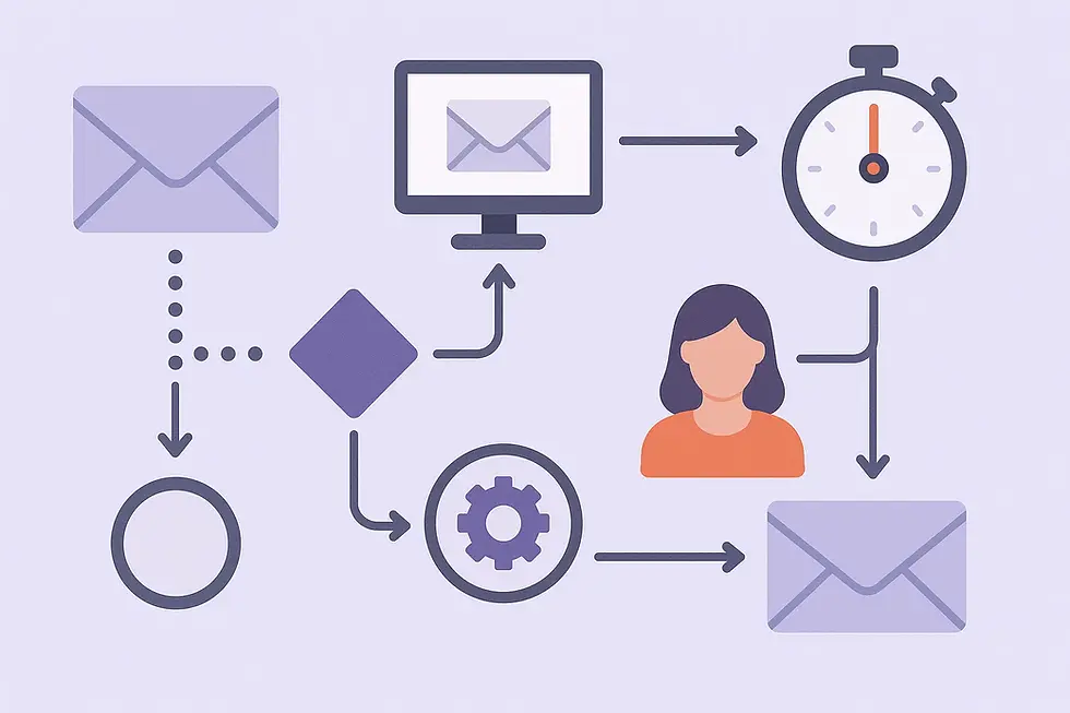Flowchart with purple email icons, a monitor, stopwatch, and a person icon. Arrows indicate a process on a light purple background.