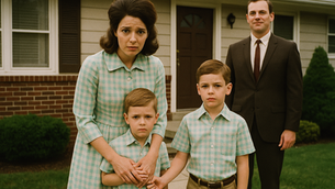 Family of four outside a suburban home. Woman holds two boys in matching green checkered shirts, appears concerned. Man in suit smiles behind.
