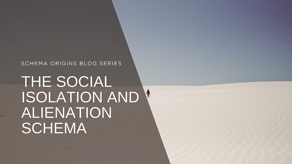 Lone person in red walks across white dunes under blue sky; text reads Schema Origins Blog Series and Social Isolation and Alienation Schema