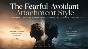 Split-profile woman in warm and blue tones on The Fearful-Avoidant Attachment Style poster, labeled hyperactivating and deactivating.