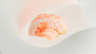 Glowing brain suspended in a spiral, neutral-toned setting. Soft lighting highlights folds, creating an ethereal, futuristic mood.