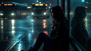 Young woman sits against a window at a rainy bus stop at night, looking contemplative. Buses with headlights and lit signs in the background.