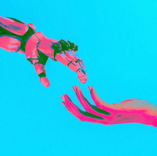 Robotic hand reaching toward a human hand against a bright blue background. Image has a pink and blue color scheme, conveying connection.
