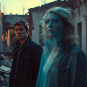 Man standing in dilapidated building with debris, looking serious. Blurred woman in foreground. Moody, warm lighting. No visible text.