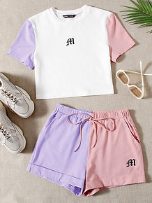 SHEIN Conjunto top con estampado de dibujo de manga de color combinado con short