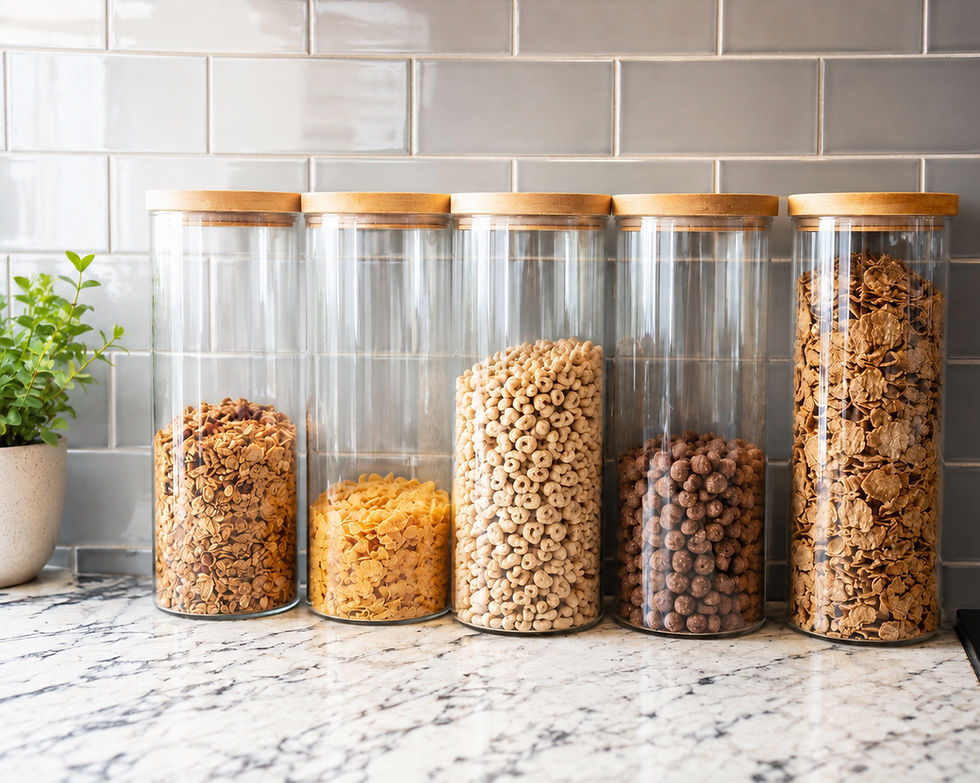Glass cereal containers on kitchen counter for ADHD-friendly kitchen organization