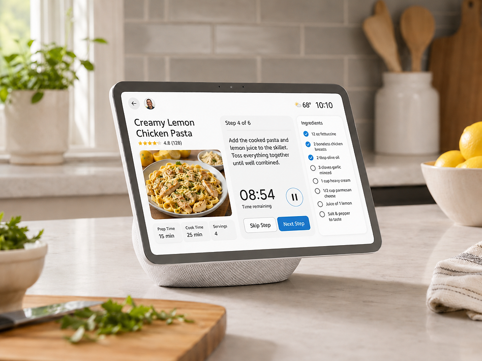 Alexa Show on kitchen counter used for timers, reminders, and recipe instructions