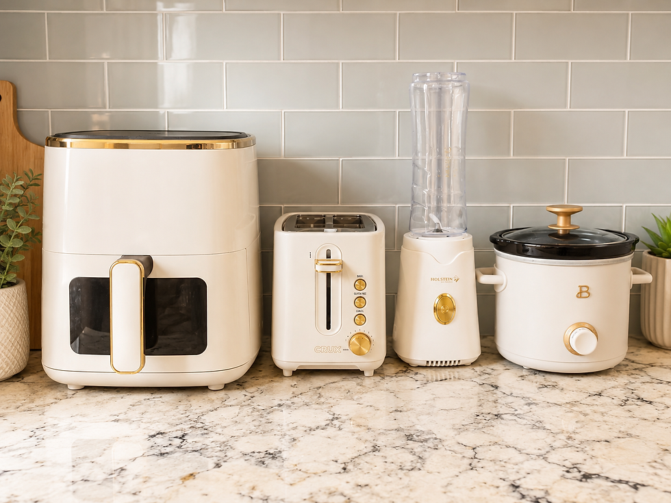 Matching kitchen appliances displayed on counter for aesthetic organization