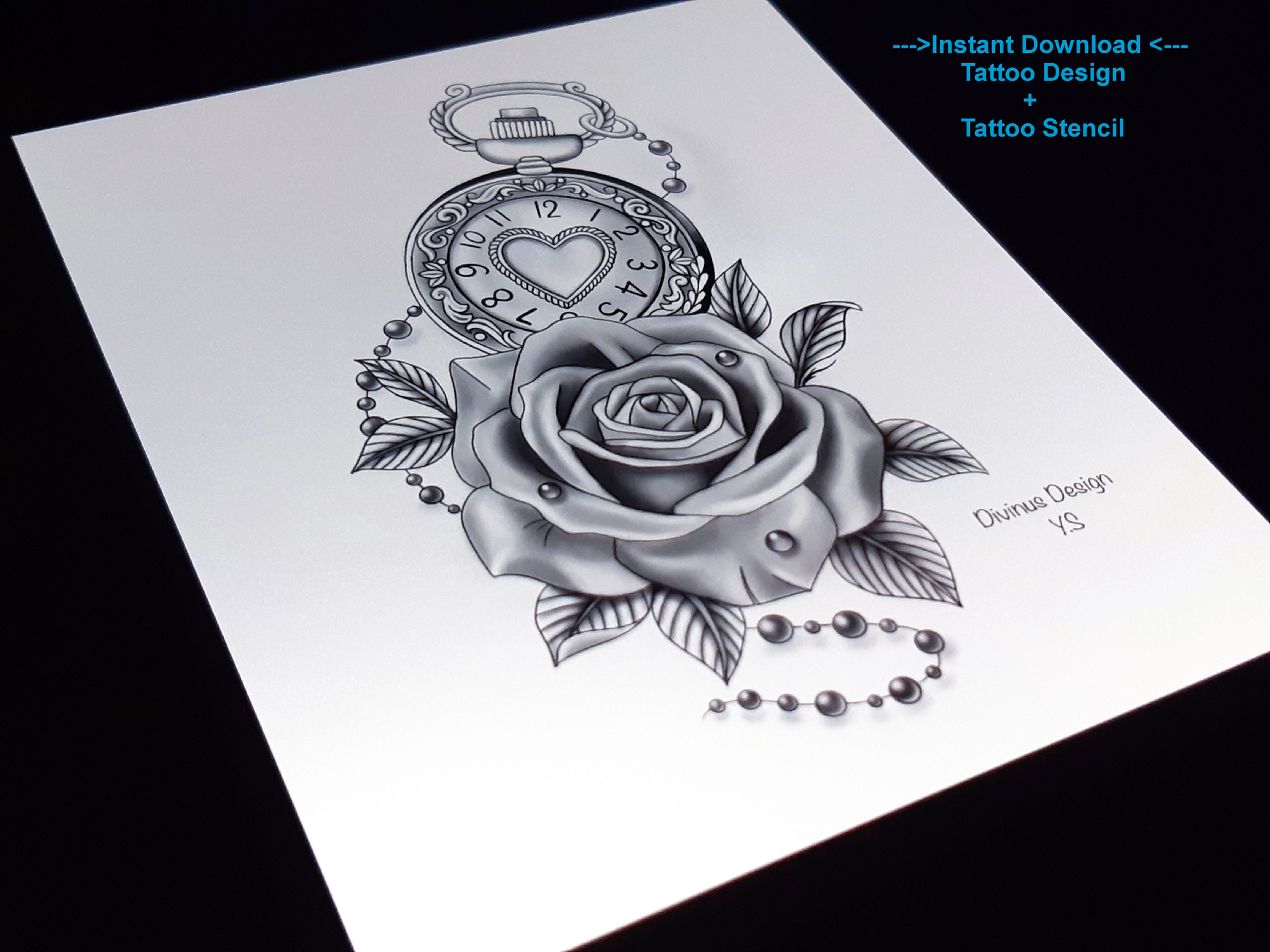 Pocket Watch and Rose Tattoo Design - Instant Download - Tattoo Design & Stencil