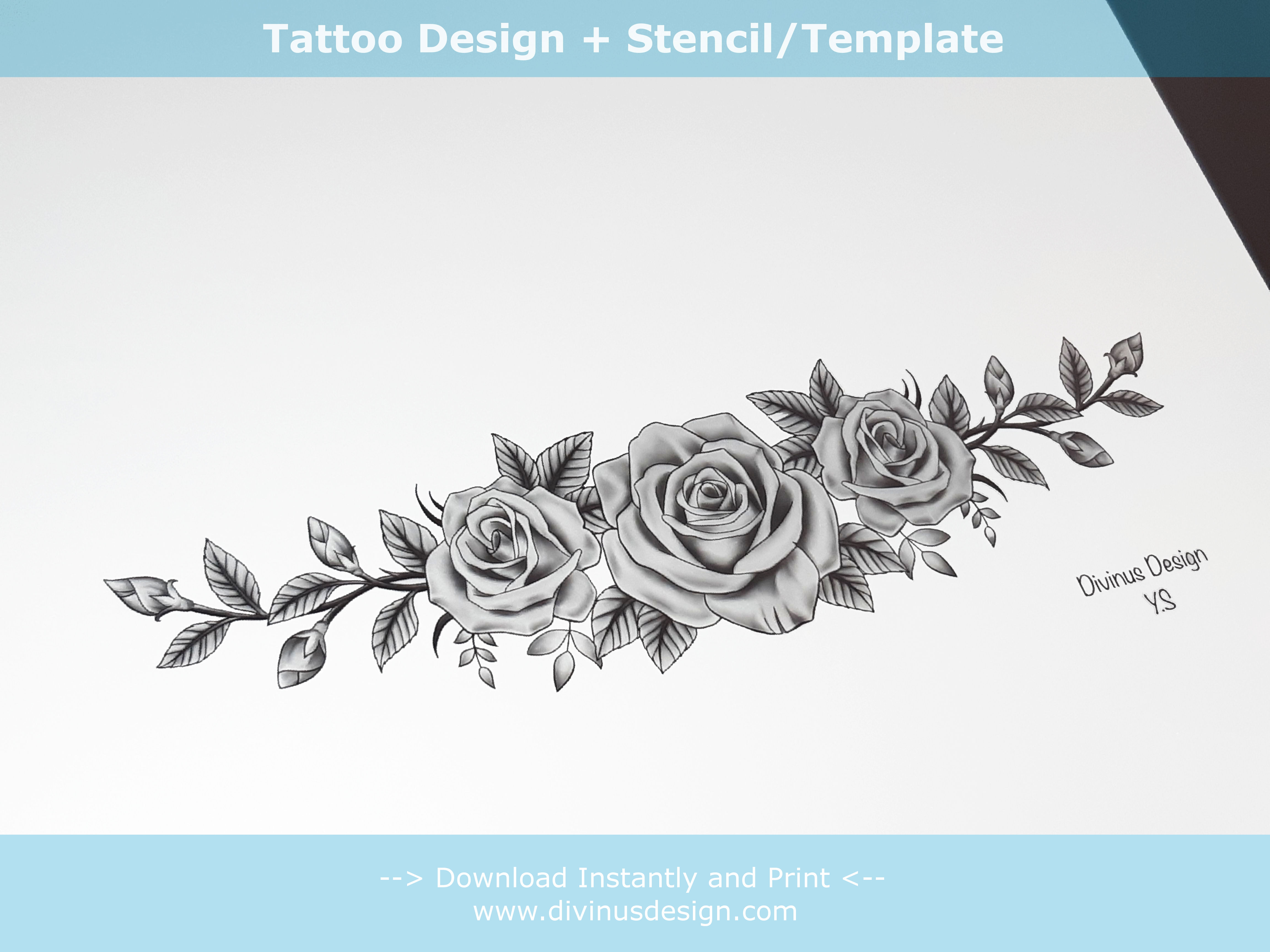 Black and Grey Shading Roses Tattoo design + Stencil/Template - Instant Download
