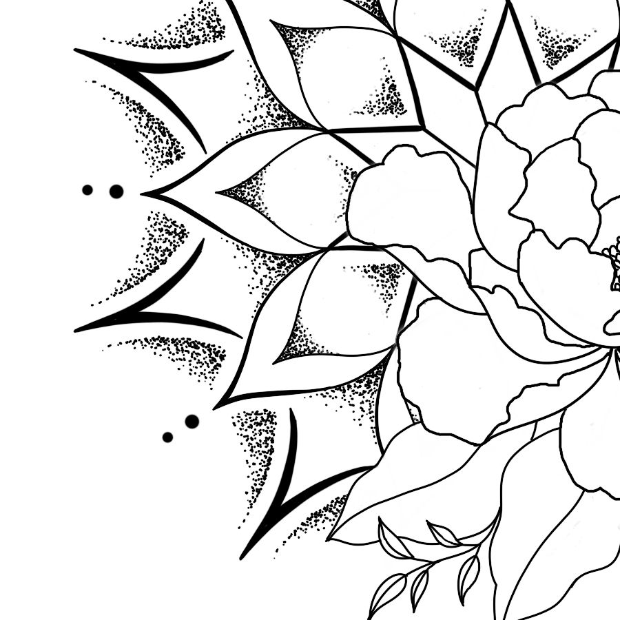 Thumbnail: Peony Flower and Sun Mandala Tattoo Design and Stencil -Instant Digital Download