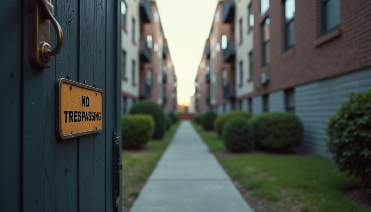 Eye-level view of a residential building entrance with a "No Trespassing" sign