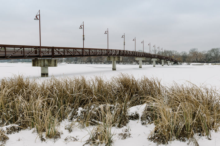 Bridge over Frozen White Rock Lake Snow Storm 2021