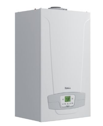 Eye-level view of a modern gas boiler installed in a home utility room