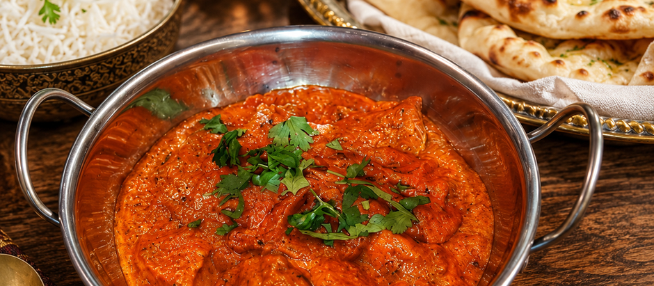 Bir Chicken Peshwari step-by-step recipe poster with curry, rice, and naan on a wooden table.