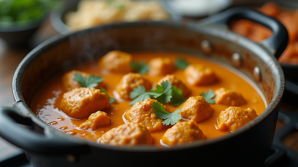 Eye-level view of a simmering pot of butter chicken