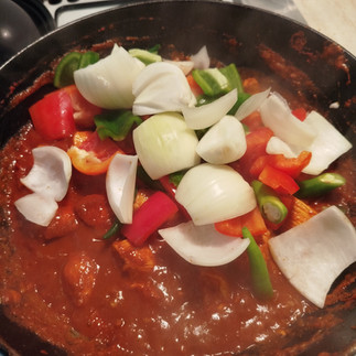 "Add onion and peppers"