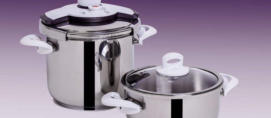 Two stainless steel pots with white handles and lids, on a gradient purple background. Reflective surfaces, modern design.