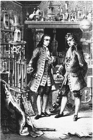 "Robert Boyle and Denis Papin inspecting Papin's digester"