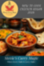 Bowl of vibrant Chicken Rogan Josh with rice and naan. Text: Stevie’s Curry Magic, where every night is curry night!