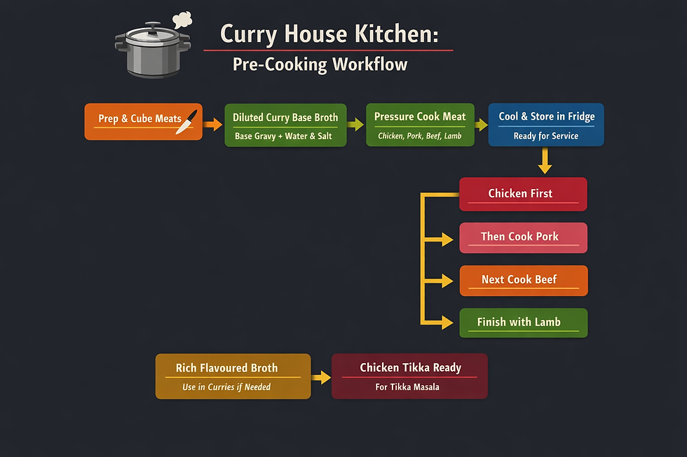 Flowchart titled "Curry House Kitchen: Pre-Cooking Workflow" shows steps for prepping meats, making broth, pressure cooking, and cooling.