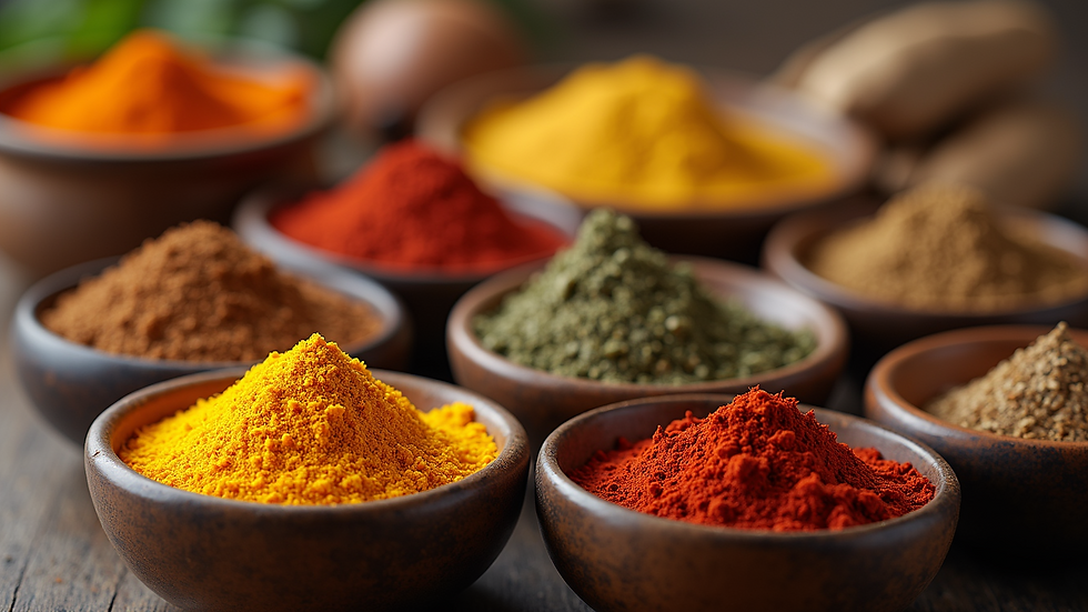 Close-up view of various spices in bowls