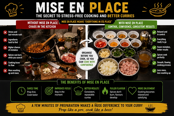 "Prepared curry ingredients showing mise en place organisation before high heat cooking"
